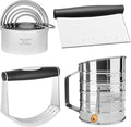 HULISEN 5-Pc Biscuit Cutters, Flour Sifter, Pastry Scraper, Dough Blender | Stainless Steel, Dishwasher Safe, Etched inch/cm Markings, Gift Package, Ergonomic Rubber Grip, Professional Baking Tools