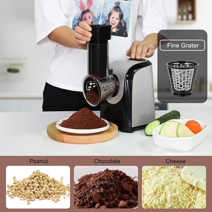 Electric Cheese Grater Slicer Shredder Salad Maker for Kitchen 150W 5-in-1 | Slices shreds grates cheese carrot potato cucumber nuts, 5 stainless steel cones,for salad pizza soup tacos,one-touch control