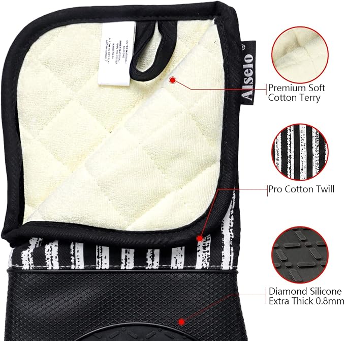 Alselo Silicone Oven Mitts Heat Resistant 932℉ with Waterproof & Non-Slip | Kitchen Mittens Set of 2,Extra Long 7.5"x15" Oven Gloves with Soft Cotton Terry Lining for Baking Cooking BBQ(Black,2)