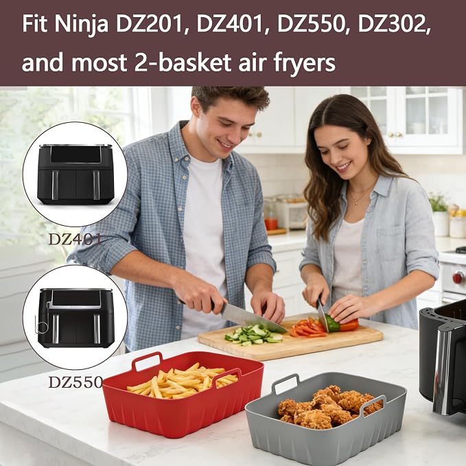 Golden Associate Silicone Liners Rectangle 4 Pcs for Air Fryer Dual Basket 8 to 10 Qt, Food-grade Reusable Baking Tray Fit Ninja DZ201 DZ401 DZ550, 4 to 5 Qt Each, Double Zone Airfryer Accessories