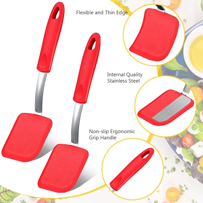 Silicone Cookie Spatula Turner 2 Pack Mini Brownie Spatula Flexible Kitchen Small Silicone Turner for Nonstick Cookware Heat Resistant No Scratch Flipper for Egg(Solid Flat,Red)