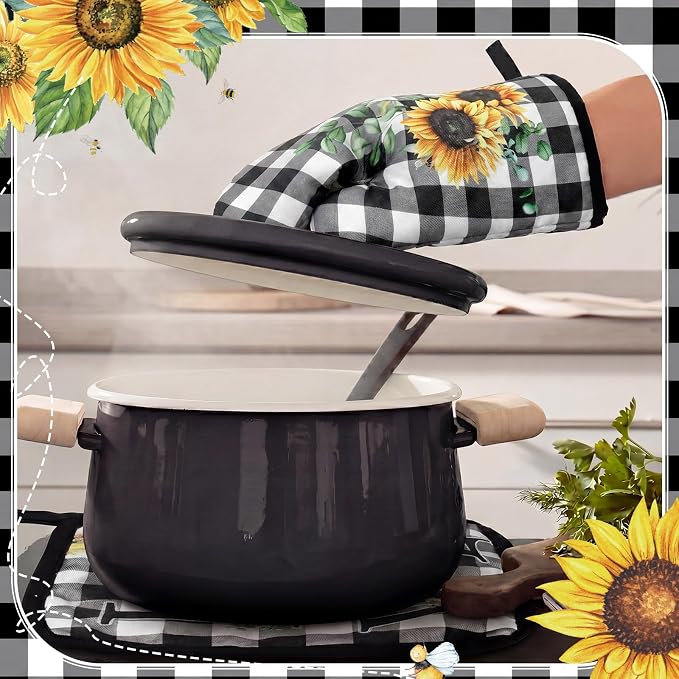 Leinuosen 8 Pcs Sunflower Checkered Kitchen Towels and Dishcloths Sets Pot Holders and Oven Mitts Sets Absorbent Kitchen Gloves Potholders Heat Resistant for Chef Baking Cooking