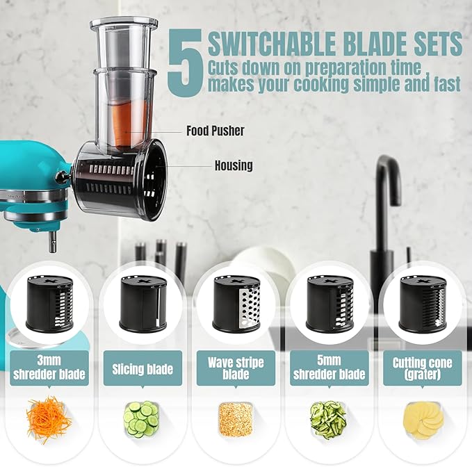 Stainless Steel Slicer Shredder Attachments for KitchenAid Mixers | Vegetable Shredder, Cheese Grater, Salad Maker, Food Slicers Chopper Grinding Powder Accessories, Detachable 5 Blades