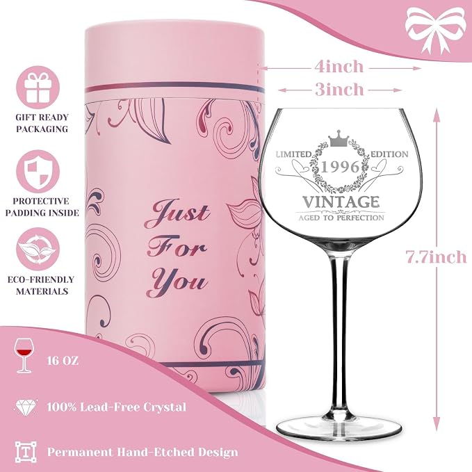 30th Birthday Gifts for Women, Vintage 1996 Engraved Wine Glass in Gift Box | Gift For Her Turning 30, Daughter, Sister Or Friend, Lightweight Thin-Rimmed Glass, Elegant Design, Birthday Decoration