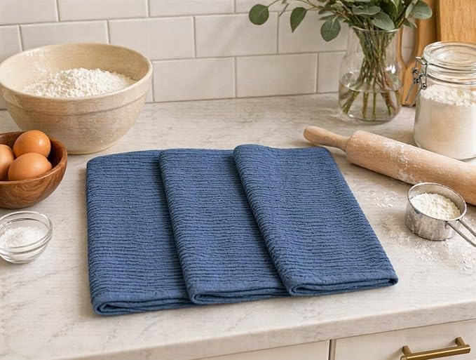 Chambray Denim Blue Kitchen Hand Dish Towels, Set of 3, 100% Cotton, 18" x 28" | Terry Loop Ribbed Textured, Soft & Absorbent Cleaning Cloth, Quick Dry, Multipurpose For Everyday Use