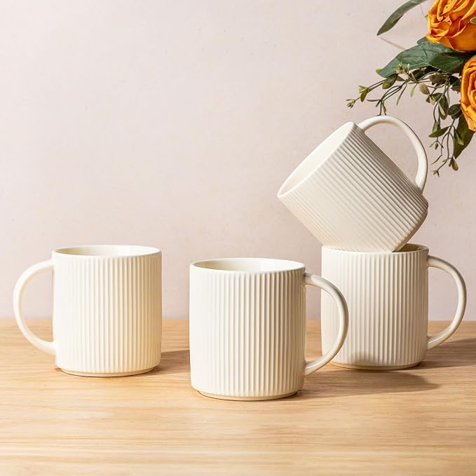 theterra Ceramic Coffee Mugs Set of 4, 14.2 oz Coffee Cups with Handle | Handmade, Suitable for Latte, Tea, Milk, Beer & Hot Cocoa, Beige