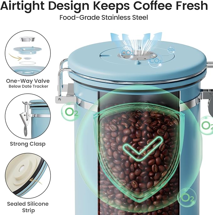 Veken Coffee Canister with Window, Airtight Stainless Steel Container, 22OZ | Date Tracker,Kitchen Food Storage Organizers for Beans, Ground, Espresso, Rice,Tea, Sugar,Cereal, Gifts,Lids,Jars,Scoop, Blue