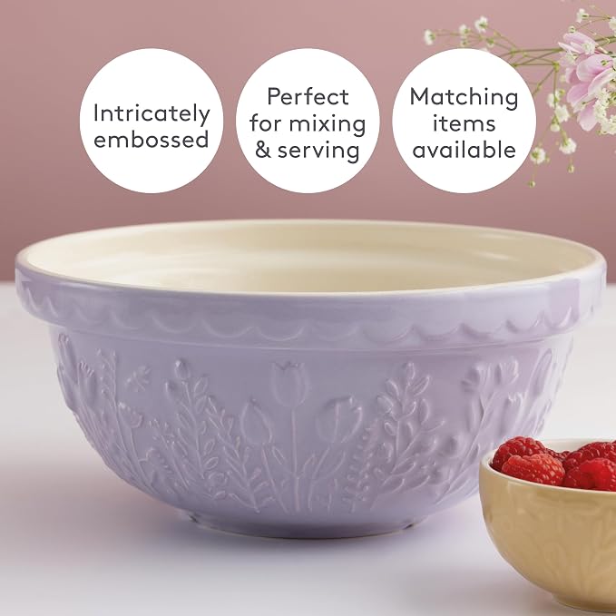 Mason Cash In the Meadow S24 Mixing Bowl, 2.15 Quart Mixing Bowl, Embossed Floral Tulip Design, Durable Ceramic Bowl for Baking Bread Dough, Cake Batter, Cookies & Kitchen Serving Bowl