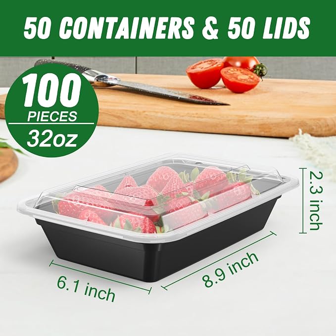 Dealusy 50 Pack (100-Piece) 32 oz Meal Prep Containers Reusable with Lids | Sturdy Leakproof & Food Safe, Microwave, Freezer, Dishwasher Safe Prep Containers, To Go Take Out Plastic Food Storage