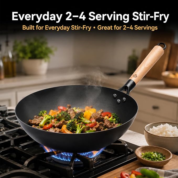 WANGYUANJI 12.6 Inch Carbon Steel Wok Pan with Glass Lid and Spatula, Nitrided Flat Bottom Wok Set, Uncoated Stir Fry Pan for 2-4 Servings, Gas, Electric, Ceramic and Induction Cooktops