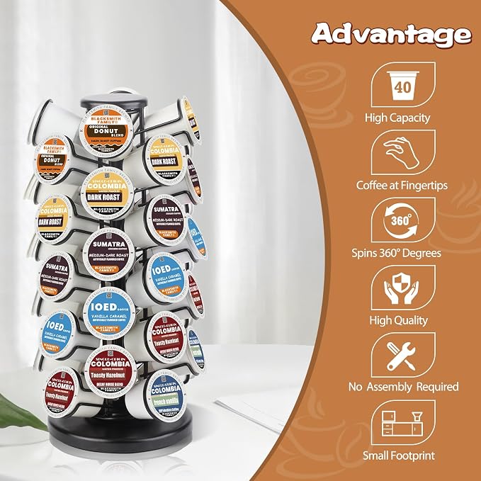 K Cup Holder-Coffee Pods Holder Storage Organizer Stand 40 Pods Capacity | K Cup Carousel, Stable Base, 360° Rotating K Cup Organizer, Space-Saving for Countertop,K Cups Holder No Assembly Required