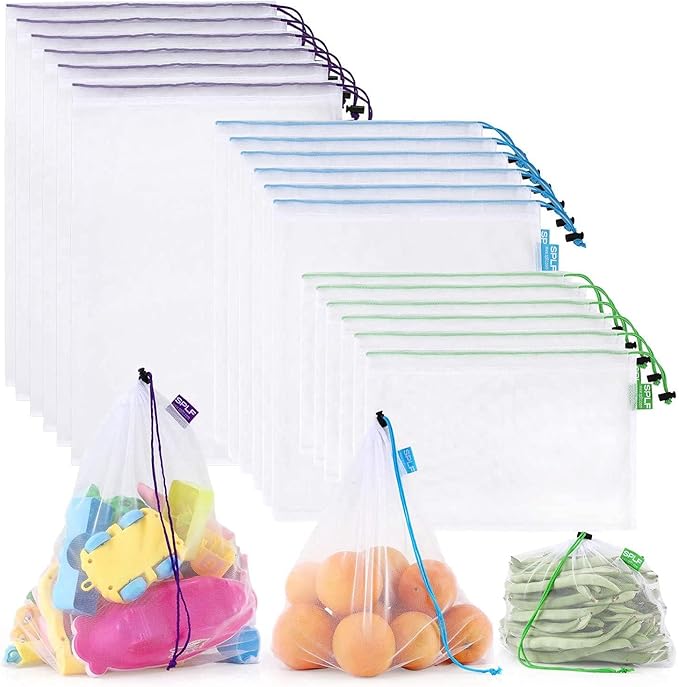 SPLF 18 Pcs Heavy Duty Reusable Mesh Produce Bags | Barcode Scanable See Through Food Safe Mesh Bags with Drawstring for Fruits, Vegetable, Food, Toys, Grocery Storage