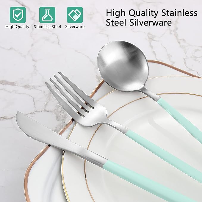 VANVRO Matte Green Silver Silverware Set, 20-Piece Stainless Steel Flatware Set, Satin Finish tableware Cutlery Set, Service for 4, Home and Restaurant, Dishwasher Safe