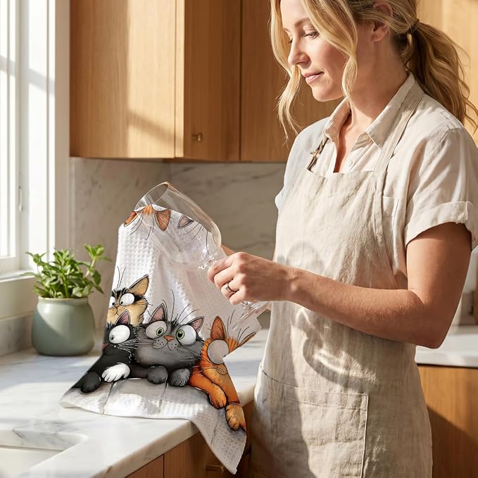 Jztco 4 Pcs Cute Cat Kitchen Towels, Funny Cats Absorbent Hand Tea Towel | Cats Dish Cloths for Drying Dishes, Waffle Dish Towels for Kitchen Bathroom Decor, Cat Lover Gifts for Women Mom