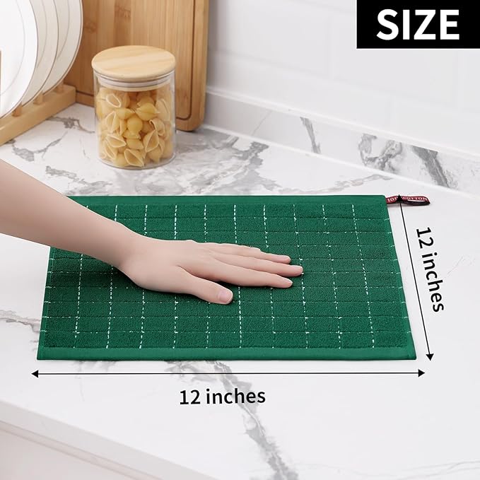 Homaxy 100% Cotton Terry Kitchen Dish Cloths, 8 Pack, Dark Green | Ultra Soft and Absorbent, Suitable for Drying and Washing Dishes