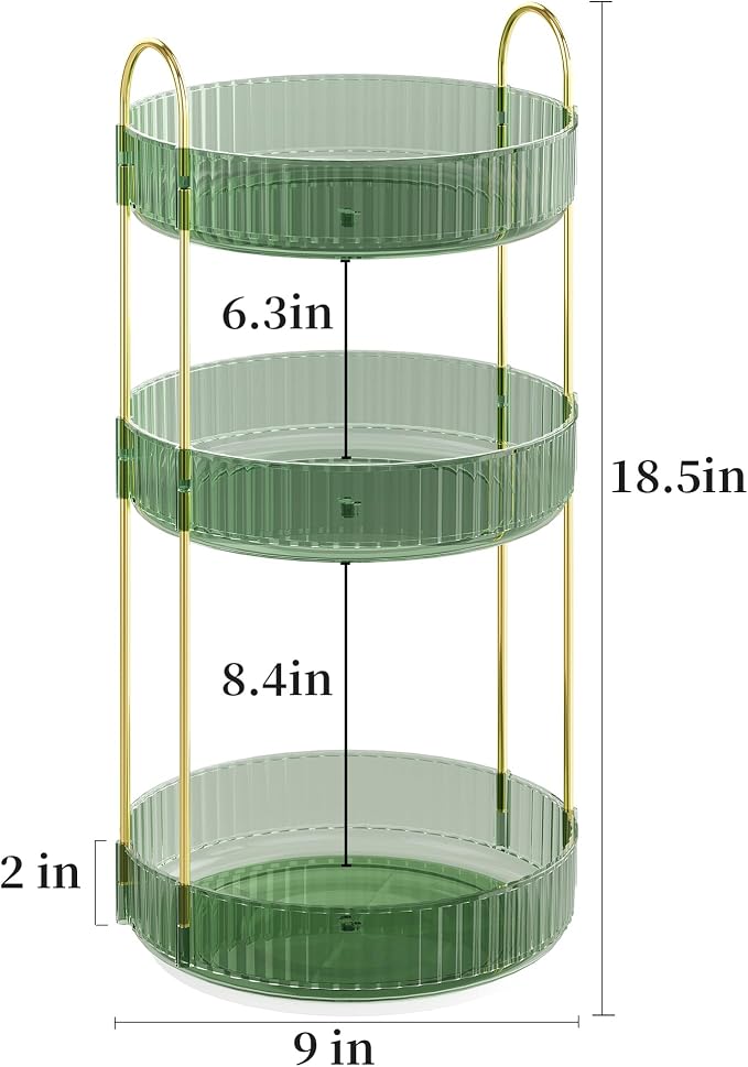 Rotating Makeup Organizer Countertop, 3 Tier, Green | Skincare Organizers, Spinning Perfume Tray Stand, Makeup Storage Organizer for Vanity, Bathroom Organizer, Lazy Susan
