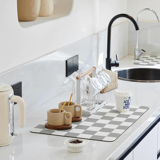Ohocut Checkered Dish Drying Mat for Kitchen Counter, Coffee Bar Station Accessories, Retro Cute Aesthetic Modern Absorbent Drainer Mat Kitchen Drying Mat Easy Clean, Grey 12" x 19"