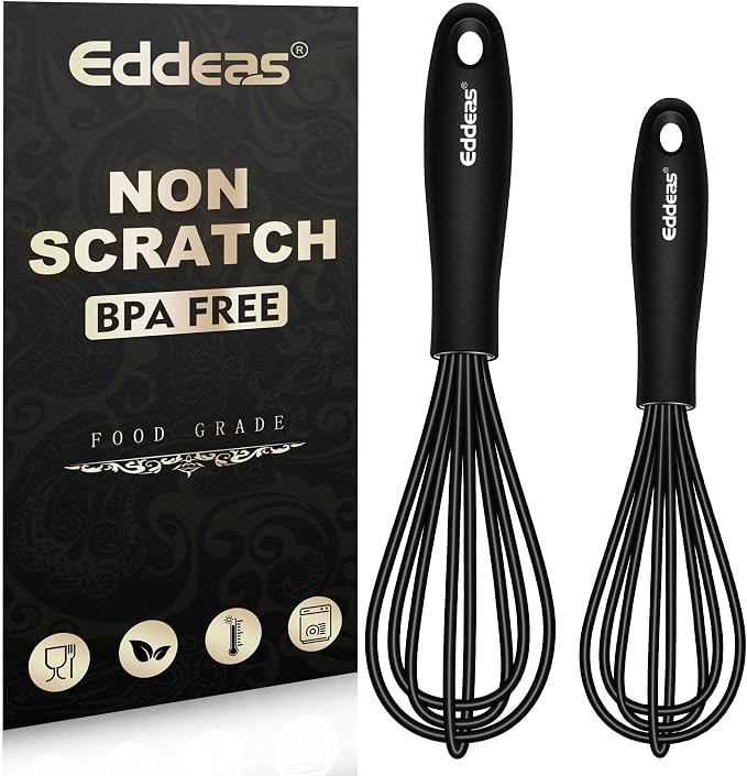 Eddeas Silicone Mini Whisk, Small whisks Non-Stick Tiny Whisks set of 2（5.5in & 7.5in）-Heat Resistant (450°F) Whisks, Balloon Egg Beater Perfect for Whisking, Beating, Mixing, Blending, Black