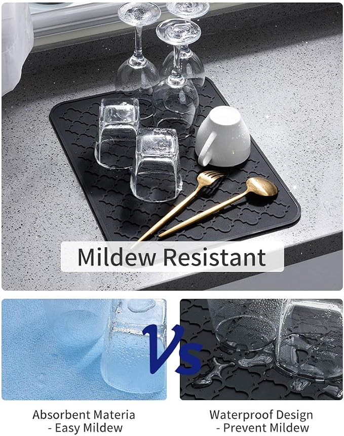 AMOAMI-Dish Drying Mats for Kitchen Counter-Silicone Dish Drying Mat-Kitchen Dish Drying Pad Heat Resistant Mat-Kitchen Gadgets Kitchen Accessories Kitchen Small Appliances(16" x 18", BLACK)