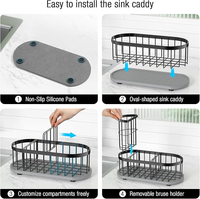Sink Caddy Kitchen Sink Organizer, Sponge & Brush Holder, Stone Drying Mat | Space-Saving Sink Sponge Holder with Full-Size Tool Storage, Fits Most Sinks, Kitchen Sink Accessory and Countertop Organizer