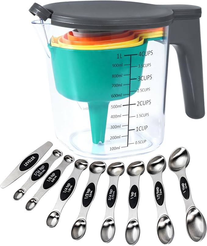 19-Pc Magnetic Measuring Cups and Spoons Set, with Lid, Black | Includes 1 cover, 9 stackable cups set & 9 black magnetic spoons, BPA-free & dishwasher safe, for liquid and dry baking