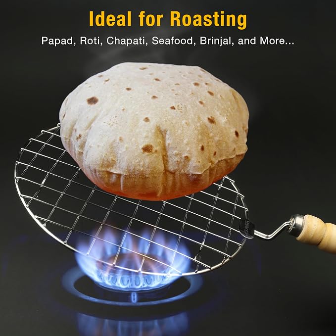 KSJONE Stainless Steel Multi-Functional Wire Steaming Cooling and Baking Barbecue Rack Round Wire Roaster Rack/Papad Jali/Roti Grill Round Shape with Wooden Handle