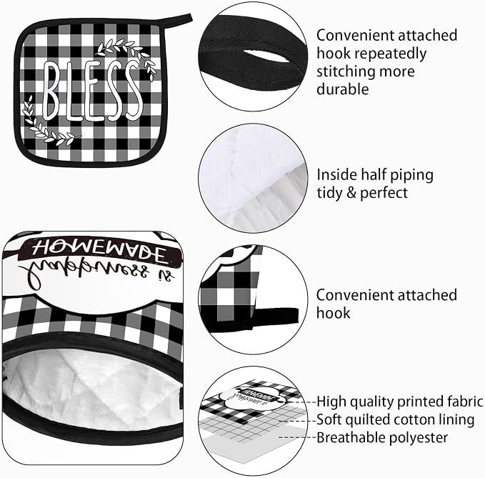 5 Pcs Buffalo Plaid Kitchen Towels Oven Mitts and Pot Holder Set,Heart | Heart Checkered Kitchen Decor, Black and White Kitchen Towels Oven Gloves, Heart Farm House Accessories Decor, High Quality