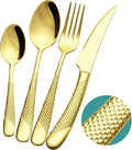 Xideman® 16-Pc Champagne Gold Hammered 18/10 Stainless Steel Silverware Set | Ultra Sharp 2-IN-1 Serrated Knives, Ergonomic Non-Slip Handles, Service for 4, Rust Resistant, Dishwasher Safe