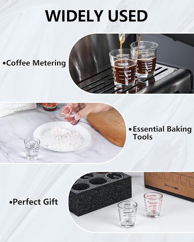 SAIAOKJ Shot Glass Measuring Cup Set, 6 Pack Espresso Shot Glasses (Red) | Glass measuring cups feature 26 markings up to 1 OZ, 2 TBS, 6 TSP, 30 ML for espresso, liquor, medicine and recipes