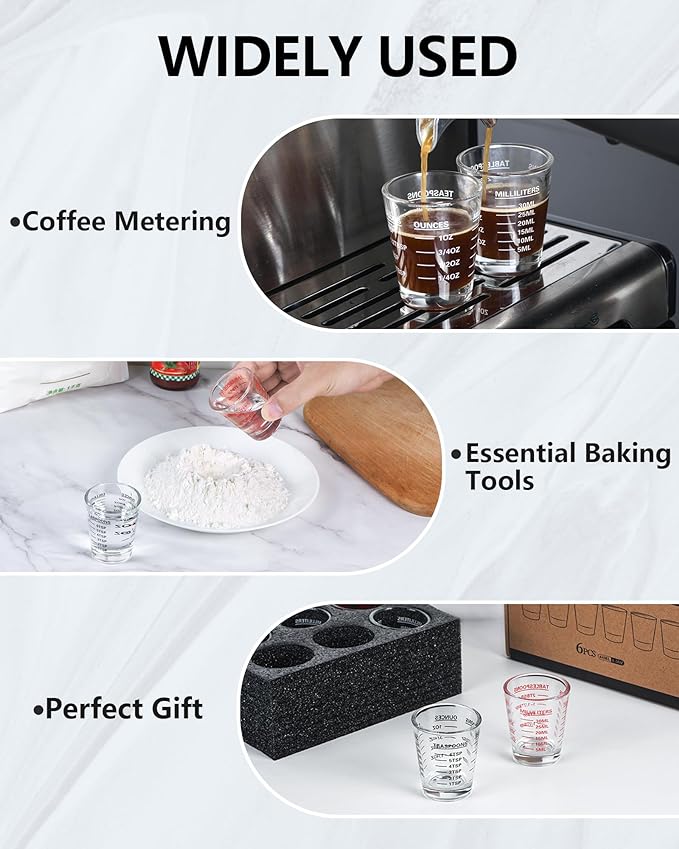 SAIAOKJ Shot Glass Measuring Cup Set, 4 Pack Espresso Shot Glasses (Red) | Glass measuring cups feature 26 markings up to 1 OZ, 2 TBS, 6 TSP, 30 ML for espresso, liquor, medicine and recipes