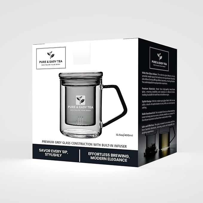 Pure And Easy Tea, Glass Tea Infuser Mug with Lid - Plastic-Free Borosilicate Steeping Cup for Loose Leaf Tea and Tisanes, 400 mL/13.5 oz
