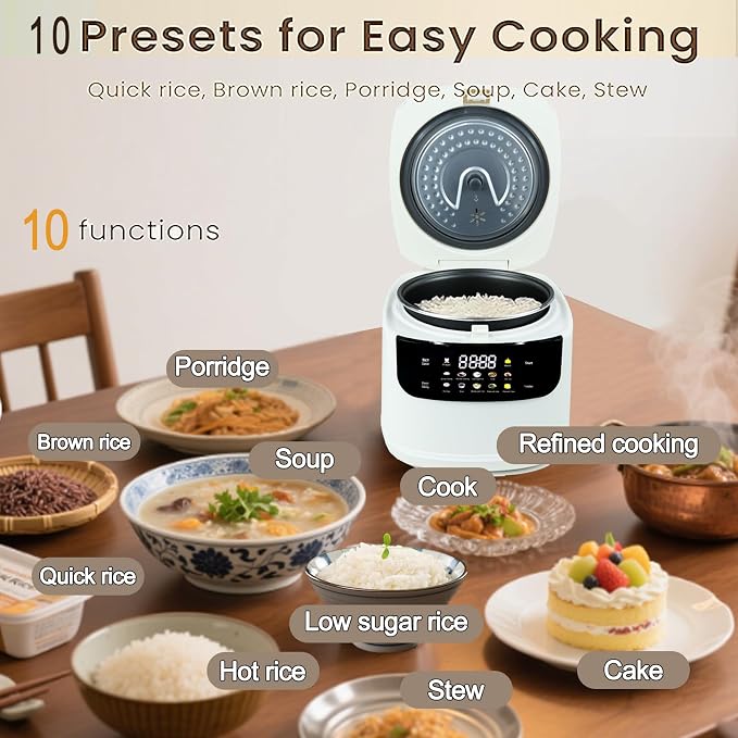 10 Functions Small 2L Rice Cooker,6 Cups Cooked/3-4 Cups Uncooked | Mini Rice Maker Non-Stick Inner Pot for1-4 People,24H Timer Delay and Keep Warm for Dorm,Office,Travel Kitchen Small Families