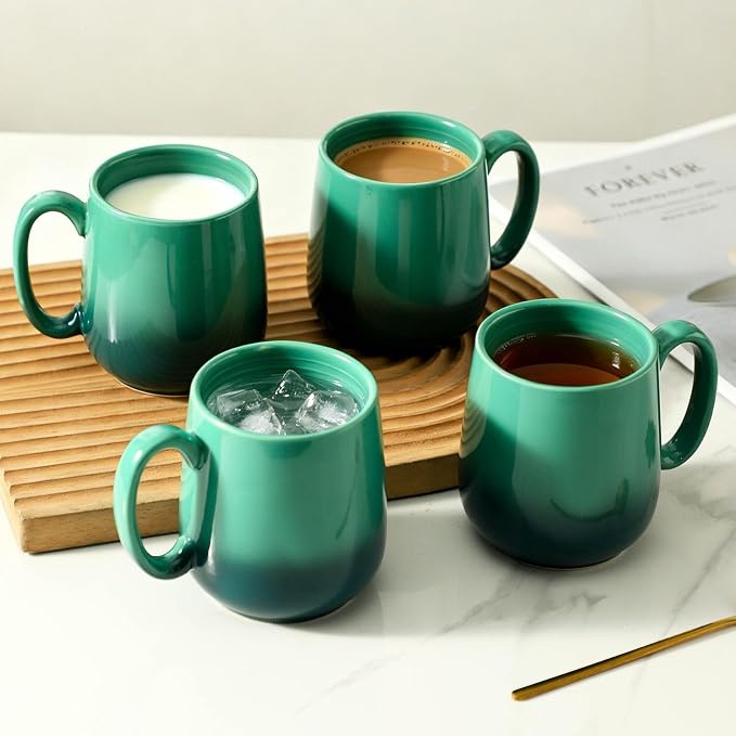 HASENSE 15oz Ceramic Mug Set of 4, Green Ombre Coffee Cups with Handle – Microwave & Dishwasher Safe Large Cappuccino Latte Tea Mugs, Housewarming Gift Idea