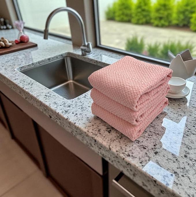 Light Pink Kitchen Hand Dish Towels, Set of 3, 100% Cotton, 18" x 28" | Terry Loop Textured, Soft & Absorbent Cleaning Cloth, Quick Dry, Multipurpose for Everyday Use