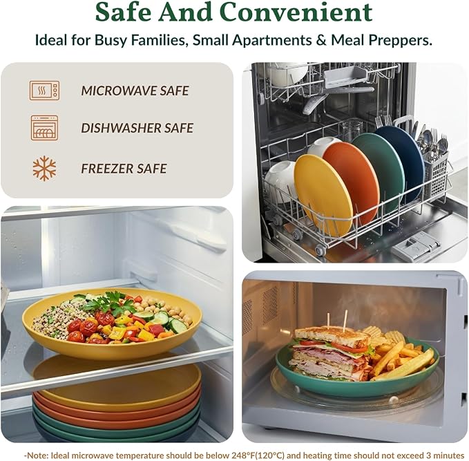 Deep Dinner Plates Set of 8 Alternative for Plastic Plates Microwave and Dishwasher Safe Wheat Straw Plates for Kitchen Unbreakable Salad Plate with 4 Colors (Colorful, 11 inch)