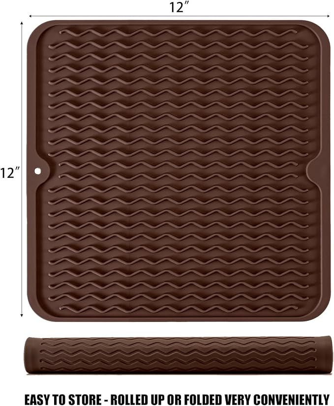 Silicone Dish Drying Mat, Non-Slip Easy Clean Sink Mat Large Heat-resistant Dish Drainer Mat for Kitchen Counter, Sink, Refrigerator or Drawer liner (12" x 12", COFFEE) | Quick-Dry Ridges, Hangable & Roll-Up for Storage, Dishwasher Safe