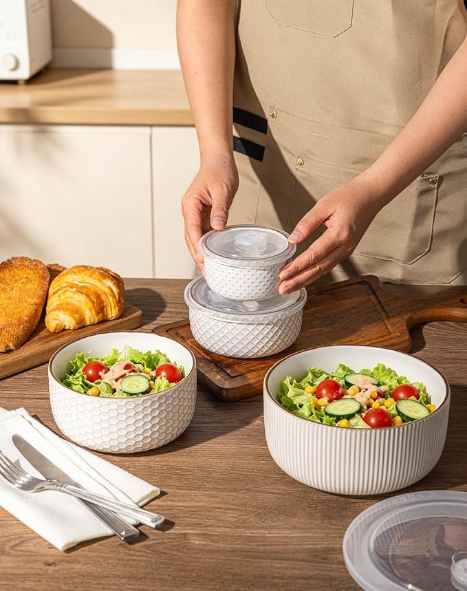GBhome Ceramic Mixing Bowls Set of 4, Stoneware Nesting Serving Bowls | 48/30/18/10 oz For Prep, Baking, Serving, Gift, Microwave and Dishwasher Safe, Embossed Dishware Collection-Off White