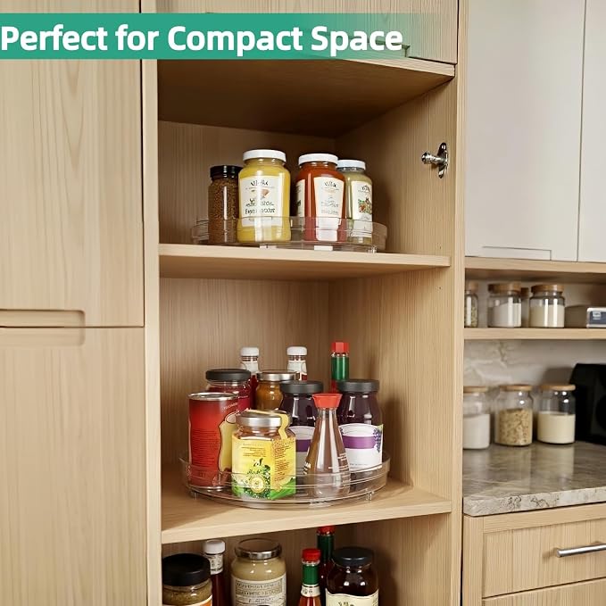 Optish 2 Pack 10.7" Clear Lazy Susan, Non-Skid Turntable Spice Organizer | 360° Smooth Rotation, Clear Design, Tall Raised Edge, Easy Access, Load 15 lbs, for Spices, Cabinet, Pantry, Fridge, kitchen