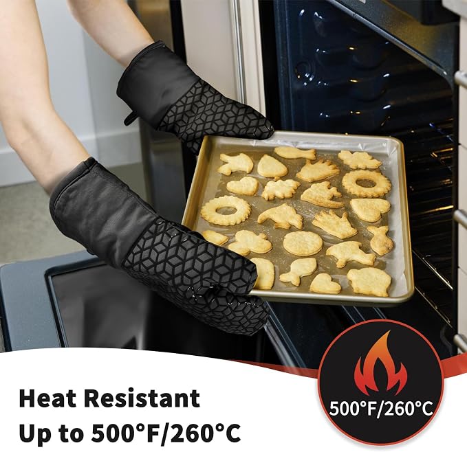 Oven Mitts and Pot Holders, 500°F Heat Resistant, Black | Oven Mitts Sets, Silicone Oven Gloves Featuring Non‑Slip Textured Grip, Perfect For Cooking, Baking and Grilling