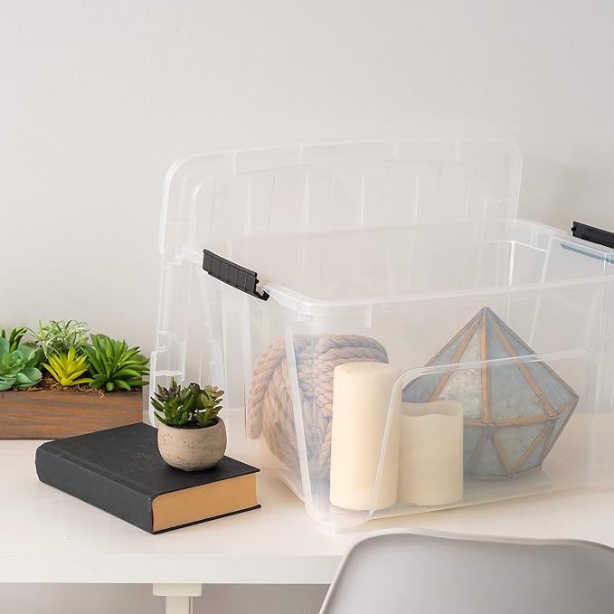 IRIS USA 4-Pack 32 Quart Storage Bins with Lids, Clear | Transparent design makes contents easy to find. Great for linens, décor, closet storage, and supplies. Nestable design saves