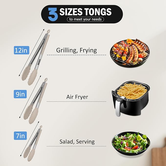 Kitchen Tongs, Stainless Steel Cooking Tongs with Silicone Tips, 600ºF High Heat-Resistant Non Scratch Locking Tongs for Cooking BBQ Grilling Air Fryer Pans, Set of 3 (7" 9" and 12") Beige