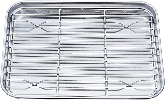 TeamFar Toaster Oven Pan with Cooling Rack, 10.4"x 8"x1" Toaster Oven Tray | Stainless Steel Toaster Oven Pan with Baking Wire Rack for Cooking, Healthy & Non Toxic, Mirror Finish & Dishwasher Safe
