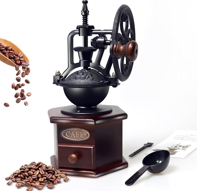 Manual Coffee Grinder Vintage Wooden Coffee Bean Grinder Hand Grinder Roller Antique Coffee Mill for Making Mesh Coffee Classic French Press for Decoration (Hexagon)