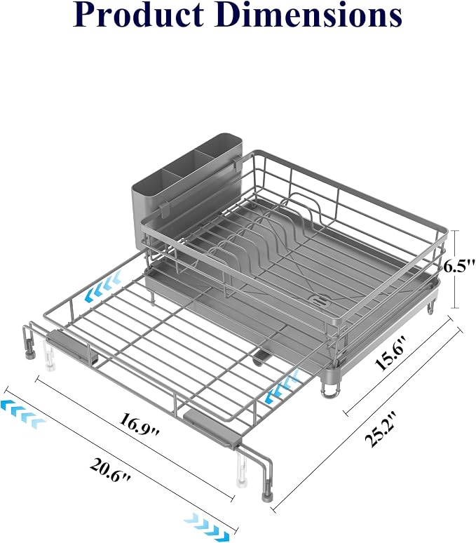 Kitsure Adjustable Dish Drying Rack, 15.6''-25.2''L × 16.9''W, Grey | Large Dish Drying Rack, Rust-Resistant Dish Racks for Kitchen Counter, With Adjustable Support Legs, Cutlery Holder