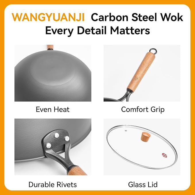 WANGYUANJI Carbon Steel Wok Pan - 12.6 Inch Flat Bottom Wok, Premium Stir Fry Pan, Uncoated Iron Woks for Induction Cookware and Gas Stoves