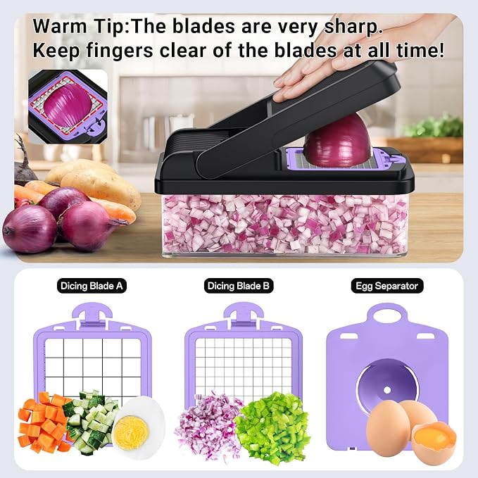 15-in-1 Vegetable Chopper with 10 Blades, Food Veggie Cutter, Purple | Includes Egg Separator, Food Container and Finger Guard, Non-slip Base, for Chopping, Slicing, Shredding, and Mincing