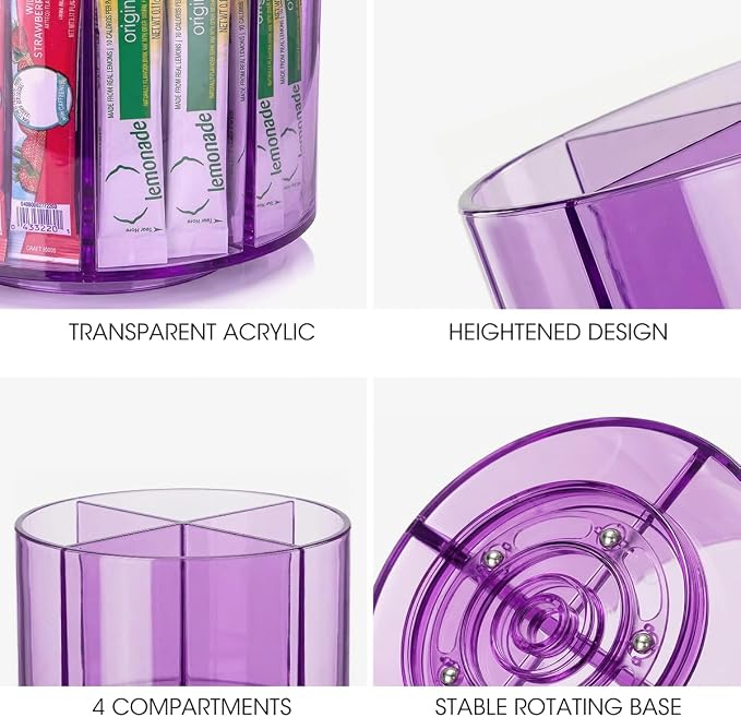 AIEVE Purple Drink Packet Organizer, Water Packet Organizer for Powdered Drink Mix, 360° Lazy Susan Turntable Rotating Tea Bag Holder for Kitchen Organization