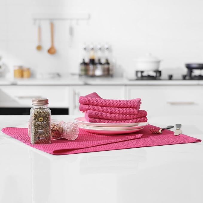Kitinjoy 100% Cotton Waffle 12-Pack Kitchen Towels, 13" x 28", Hot Pink | Super Soft, Ultra-Absorbent, Fast Drying, lightweight, Quick Drying Kitchen Hand Towels