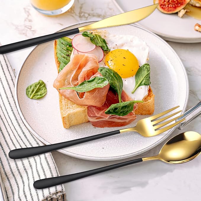 AARAINBOW 6 Pieces 18/8 Stainless Steel Flatware Set Portable Reusable Cutlery Set Travel Utensils Set Including Chopsticks Knife Fork Spoon Straws Cleaning Brush Dishwasher Safe (Black golden)