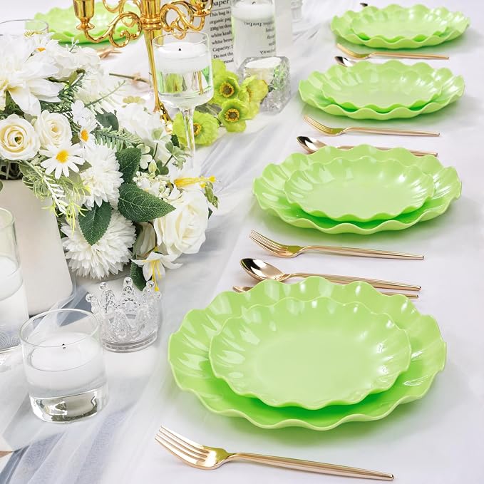 LIYH 24Pcs Sage Green Unbreakable Plastic Plates for Birthday Scalloped | Premium food-grade shatterproof reusable dinnerware. Elegant scalloped edges, ideal for serving desserts at any gatherings.
